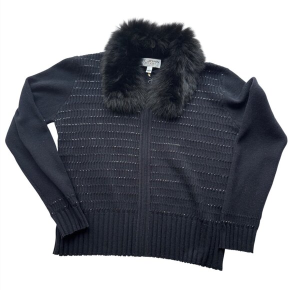 St John Black Cashmere Full Zip Cardigan Sweater Removable Fox Fur Hood XL EUC - Picture 1 of 7